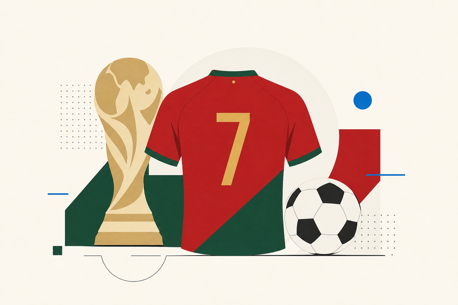 Portugal number 7 jersey with World Cup trophy silhouette editorial illustration