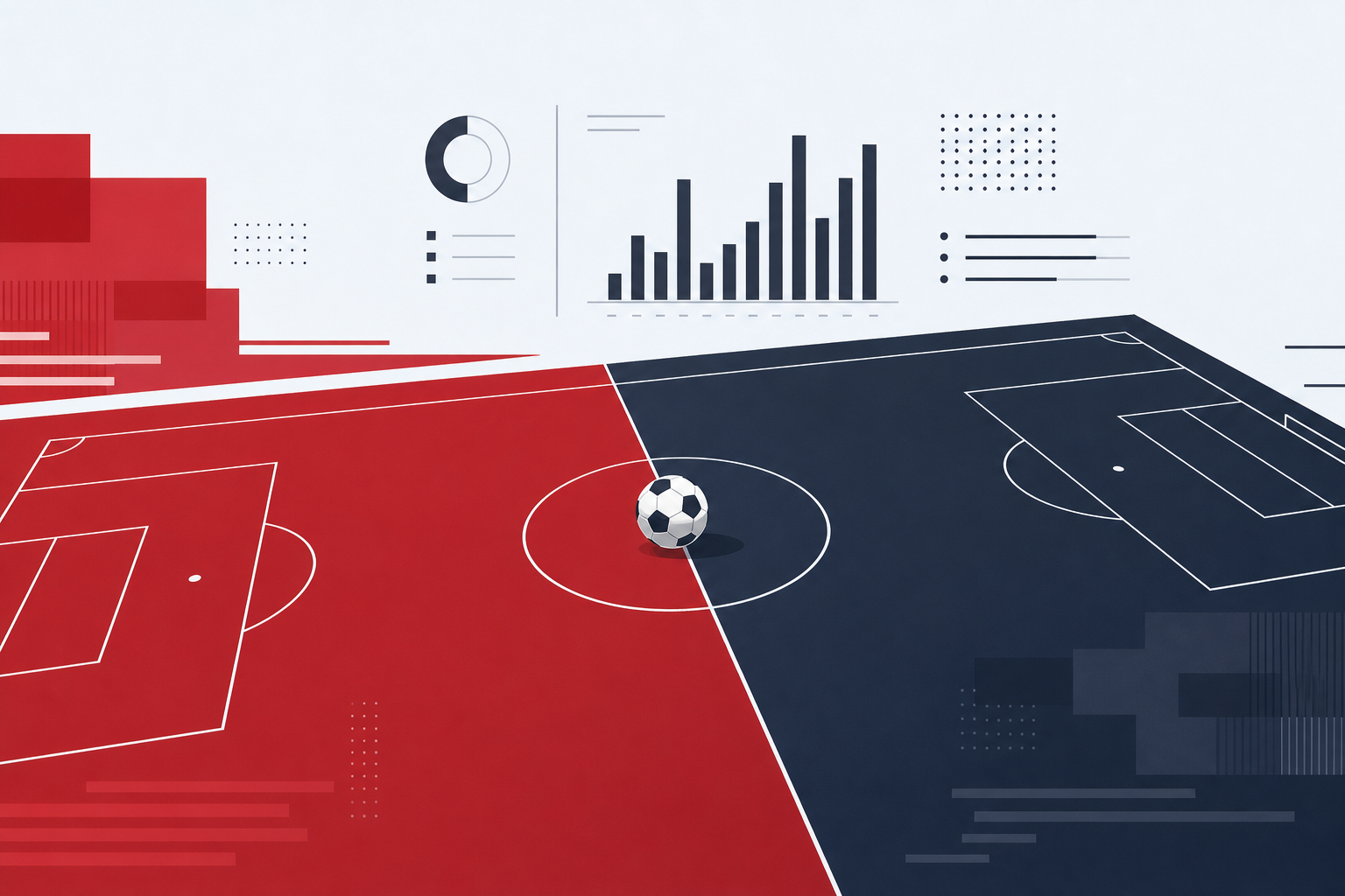 Flat editorial illustration of a football pitch split between Spain red and France navy with statistical data overlays