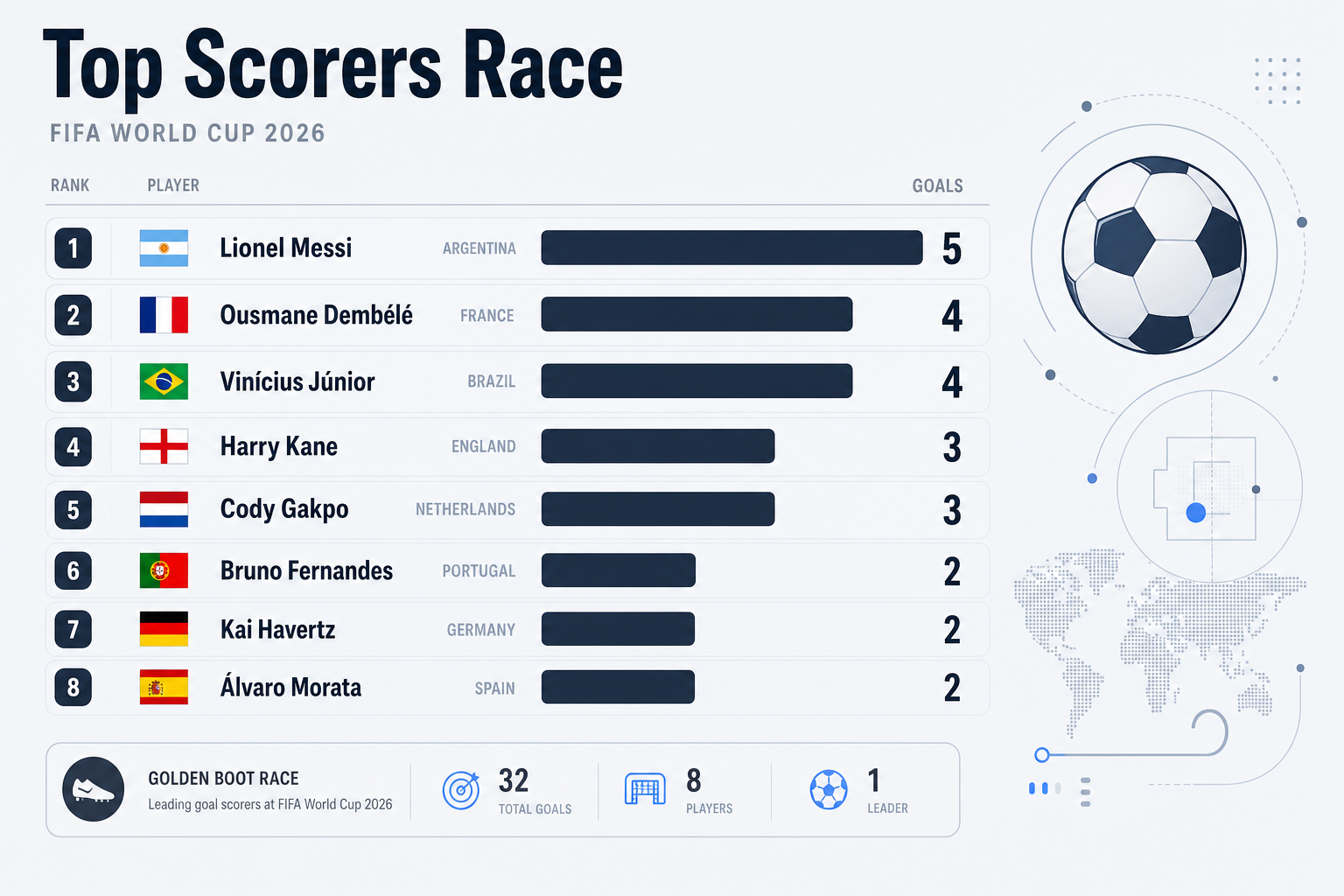 FIFA World Cup 2026 top scorers race visualization, showing goal-scoring leaders ranked by goal count