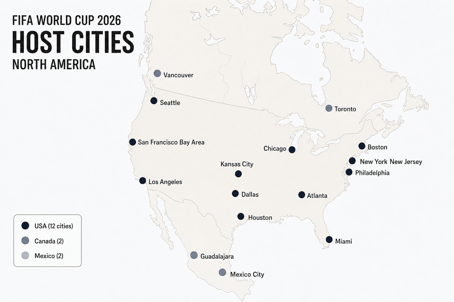 FIFA World Cup 2026 host cities map - 12 in USA, 2 in Canada, 2 in Mexico
