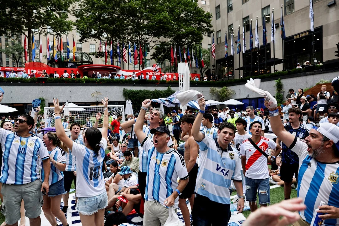 Fans react to the England vs Argentina 2026 World Cup semi-final at Rockefeller Center, New York City, as taken from [Reuters](https://www.reuters.com/sports/soccer/holders-argentina-beat-england-2-1-set-up-world-cup-final-against-spain-2026-07-15/)