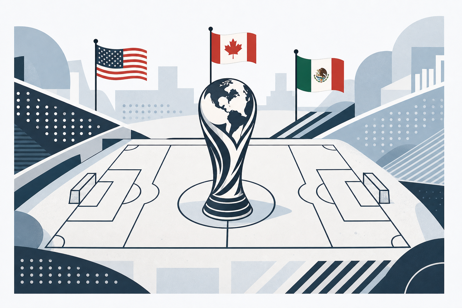 FIFA World Cup 2026 editorial illustration - trophy silhouette with host nation flags