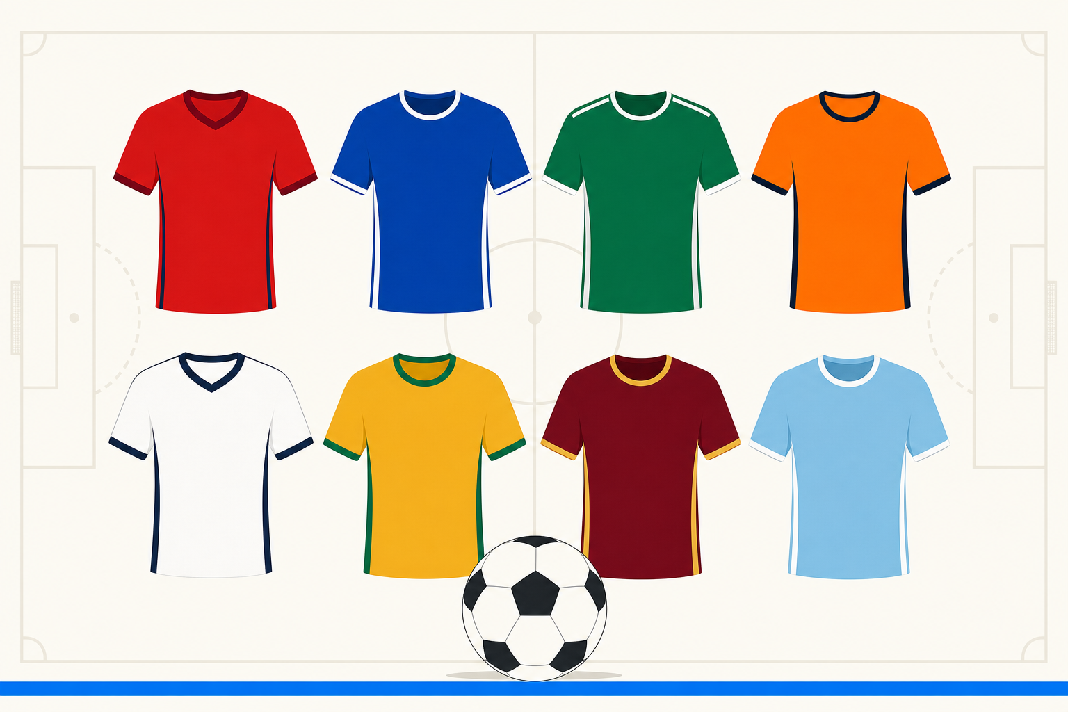 Eight national football jerseys arranged around a soccer ball representing the 2026 World Cup quarterfinalists