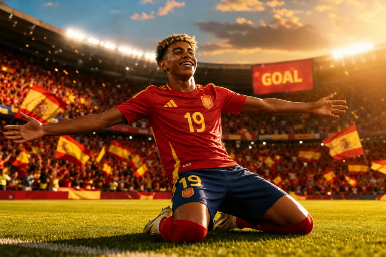 Spain's #19 player celebrating a goal in a packed stadium during the 2026 World Cup, as taken from [Faston Foot](https://faston.click)