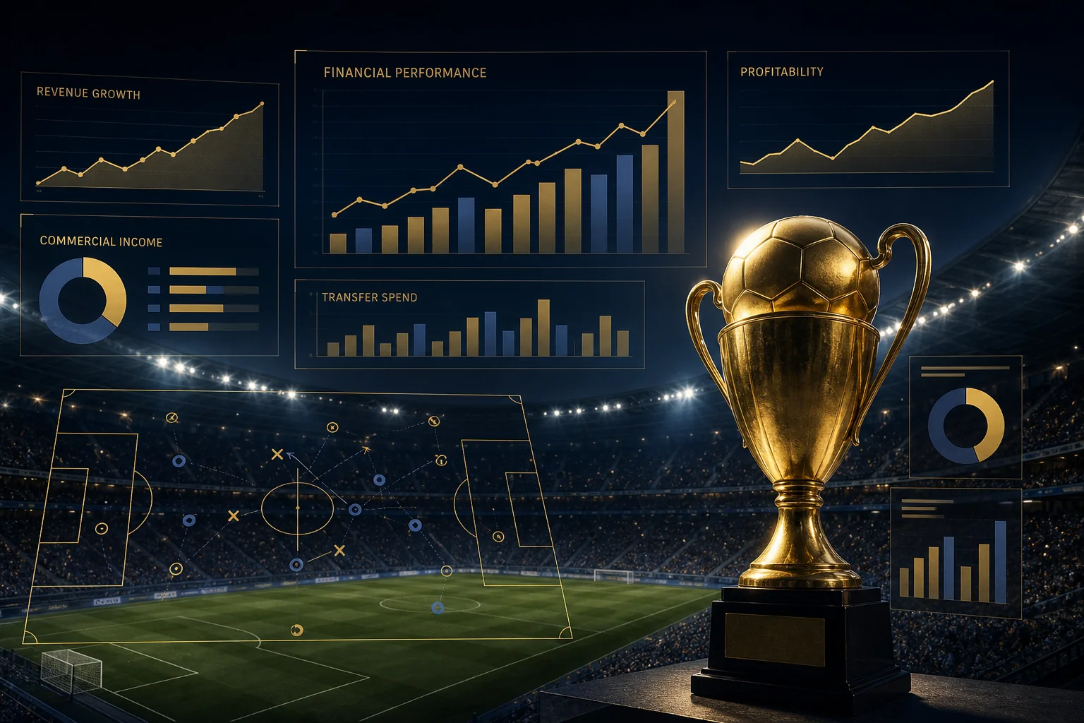 Football trophy surrounded by financial performance data charts, representing the intersection of sport and big money earnings